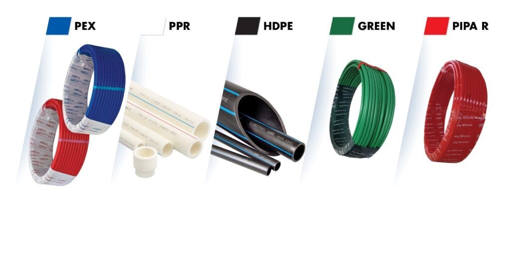Gambar Produk dari pipa Westpex berupa Pipa PEX, Pipa PPR, Pipa HDPE, Pipa Green dan Pipa R